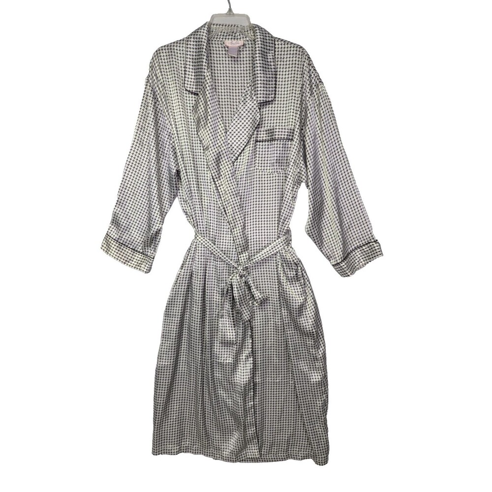 Vintage Amelia’s Long Satin Robe Dressing Gown Medium Black White Belted Pockets